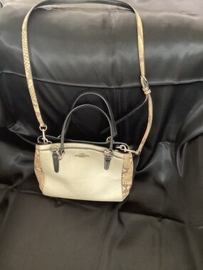 Coach Cream Leather Mini Satchel with Brown Snake-Print Trim and Black Handles